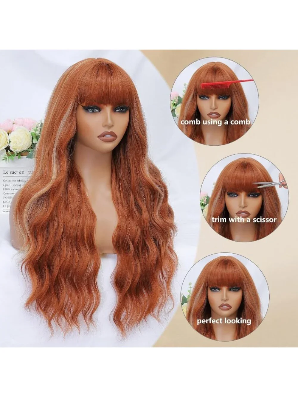 Women's Ginger 26 Inch Natural Looking Heat Resistant Synthetic Wigs Bangs